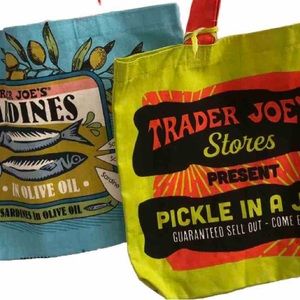 Trader Joe's Reusable Canvas Cotton Tote Shopping Bag- Sardine & Pickle Set Of 2